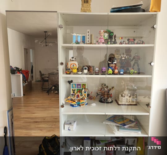 ארון זכוכית עם דגמים ודמויות על מדפים